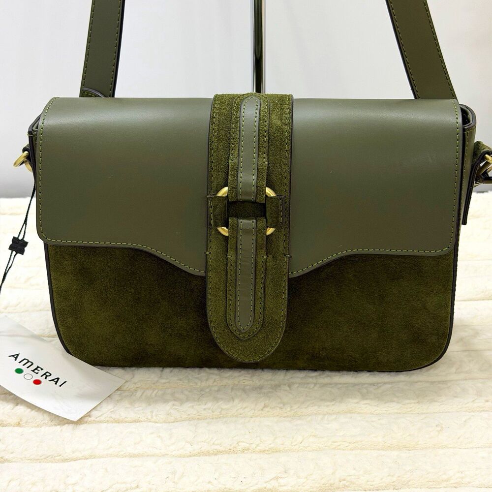 NWT Amerai Linea Saddle Italian Leather Suede Crossbody Shoulder Bag Olive Green